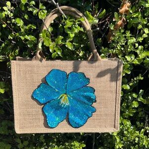 Sequin Blue Flower Jute Tote Bag